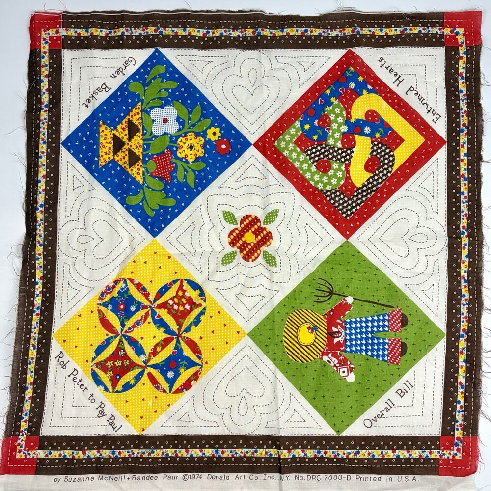 Vintage 1974 Suzanne McNeill Floral Patchwork Quilt Cotton Fabric Panel 22x22”